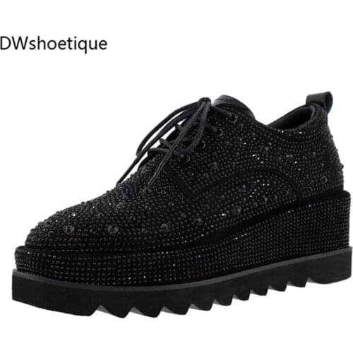 Blingbling crystal women sneakers platform lace up casual leather wedges