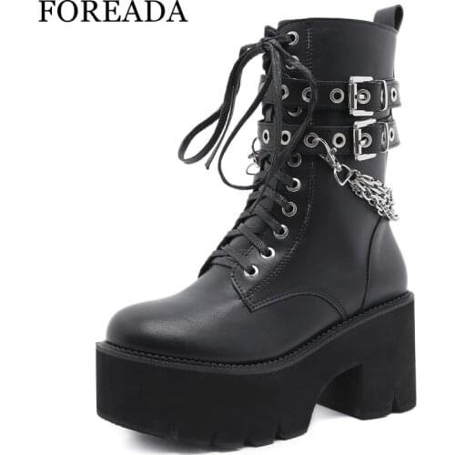 FOREADA Punk Goth Style Woman Motorcycle Boots Platform Thick High Heel Shoes Chain Round Toe Zipper Med Calf Boots Autumn 43