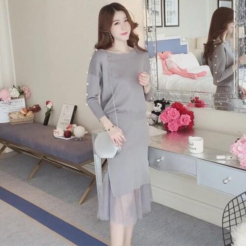 Women Sweet Pearl Sweater + Net Yarn Pencil Skirts 2pcs Suits Winter Knitted Pullover Dress Long Sleeve Two Piece Tops Skirt Set