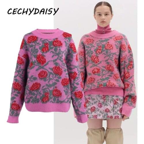 Vintage Sweater Autumn Winter Women Fashion Chic Loose Casual Floral O-Neck Pink Black Knitted Pullover Clothes Top Vrouw Truien