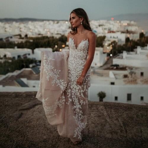 Sheer Neck Mermaid Lace Applique Wedding Dress Champagne Sexy Bridal Dress vestidos de casamento