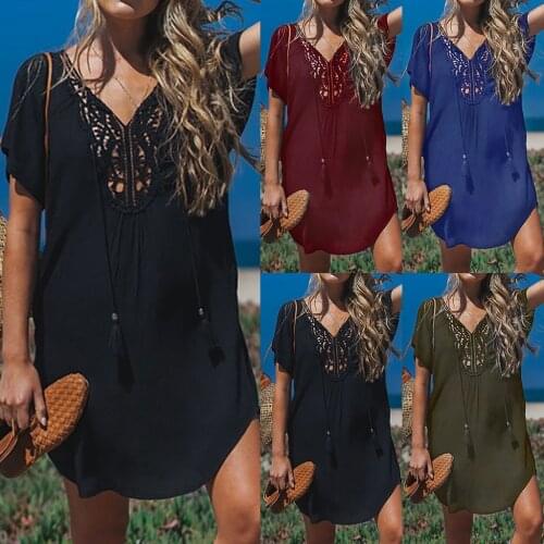 Loose Casual Short Sleeve 2021 Dress Women 2021 Summer V-neck White Black Ruffles Big Hem Beach Dresses For Woman Femme Robe