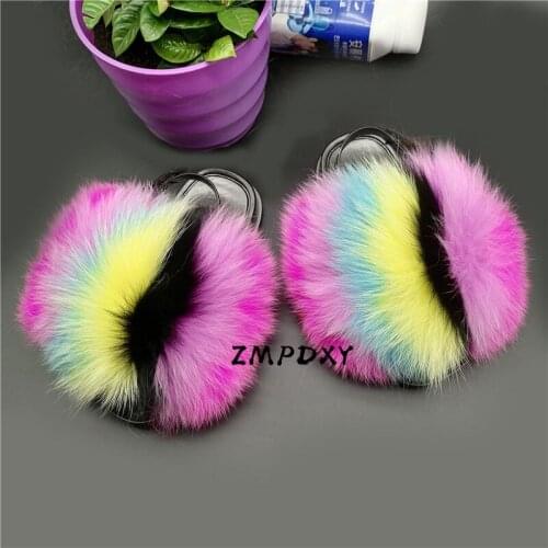 Winter Childrens Fox Fur Slippers Cute Furry Striped Plush Sandals Raccoon Fur Flip Flops Kids Fluffy Rainbow Slides Girls Shoe