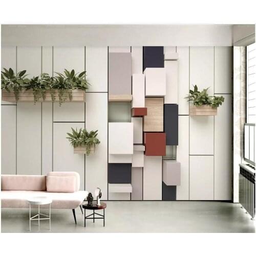 3d photo wallpaper custom mural Fashion geometric cube mosaic fresh green plant pot decor living room wallpaper for walls 3 d