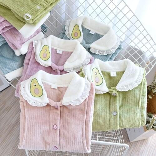 Avocado Flannel Nursing Pajama Set Pregnant Women Have Nursing Mouth Thickened Autumn and Winter Confinement Clothes Long Sleeve