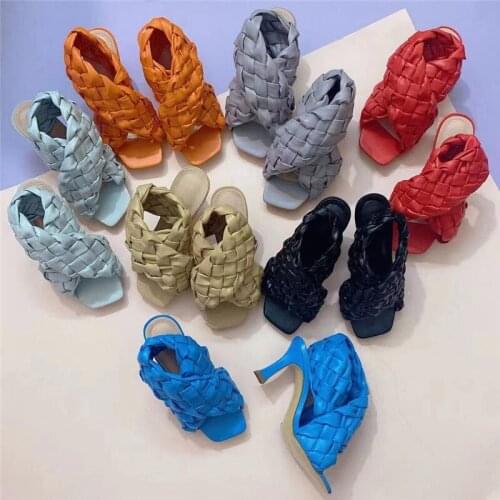 Fashion Women Summer Square Toe Sandals Classic Leather Weave Beach Shoes Sexy Orange Blue Female Open Toe Dress Stilettos