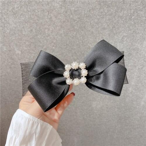Korean Elegant Black Fabric Yarn Bow Hairgrips Hairpins Hair Clips Barrettes Adult Pearl Bow Headpiece Girls Hair Accessories