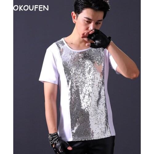 Bar nightclub host drum performance costume Dj male singer personality silver sequin t-shirt stage show dance wear