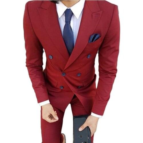 Handsome Double-Breasted Mens Evening Dress Toast Suit Prom Party Clothing Dark Red Groom Tuxedos (Jacket+Pants+Tie) W:508