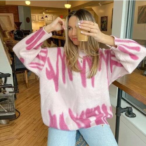 MEIYANGYOUNG O-Neck Pink Striped Knitted Pullovers Sweaters Women Winter Long Sweater Winter Korean Fashion Streetwear 2021