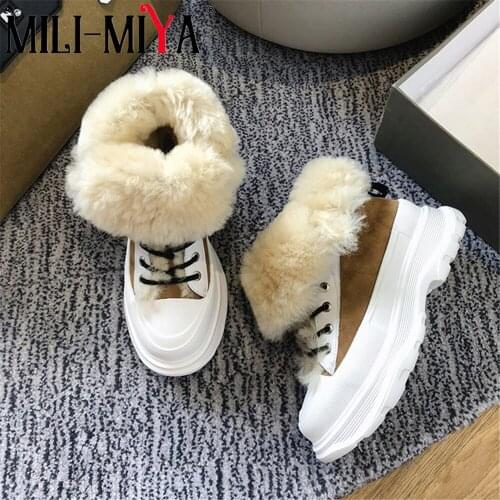 MILI-MIYA Fashion Warm Fur Women Cow Leather Snow Boots Platform Heels Round Toe Lace Up Mixed Color Size 34-40 For Ladies