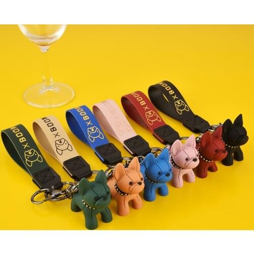 Fashion Punk French Bulldog Keychain PU Leather Dog Keychains for Women Bag Pendant Jewelry Trinket Mens Car Key Ring Key Chain