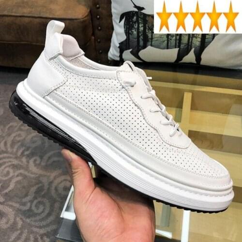 Men Summer Casual White Sneakers Lace Up Hole Breathable Genuine Leather Fashion Thick Bottom Increase Mens Active Shoes