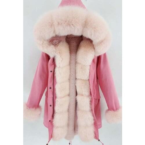 2020 New Winter women pink Long hooded parka Natural Real Fox Fur Collar Faux Fur Liner Parka Women Parkas