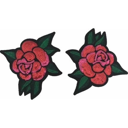 New Arrival 2 set Red Rose Floral Sequined Patches for Clothes DIY Decoration Sequins Patch Vintage Flower Embroidery Applique