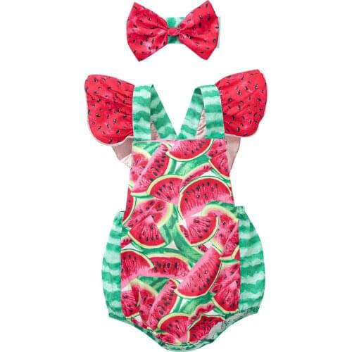 New Baby Girls Outfit Suit, Sweet Style Infant Summer Creative Watermelon Printing Fly Sleeve Romper + Bow Headwear