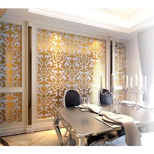 Customized Golden white glass mosaic wallpaper tile Home decor damask pattern