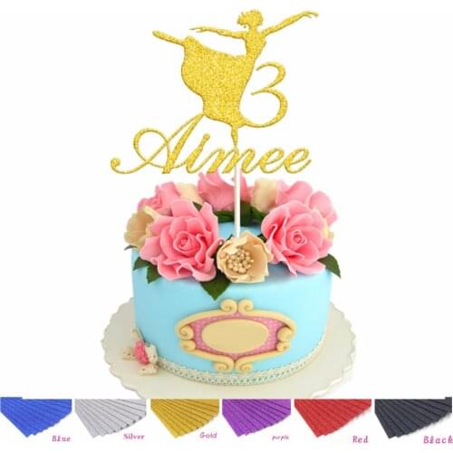 Personalised Custom Name Age Ballerina Cake Topper in Glitter Silver Gold Dancing Girl Birthday Decorations Cake Topper