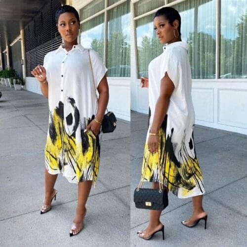 Casual Women Shirt Dress Short Sleeve Loose Printed Long White Dress Classy Female Vestidos African Clothing Lady Party Robes