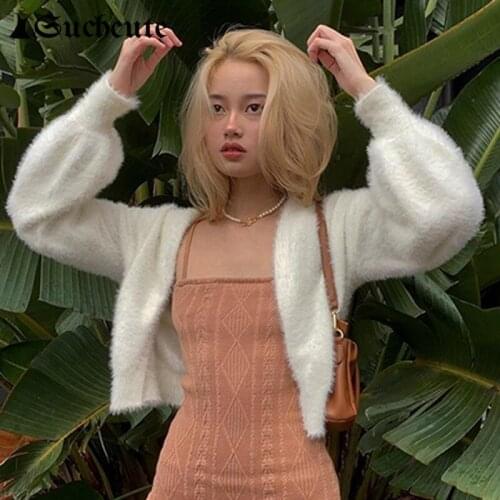SUCHCUTE Sweater Women Autumn Coats Elegant Casual White Cardigan Ladies Streetwear Outfits Korean Knitted Outwear Winter Cloth