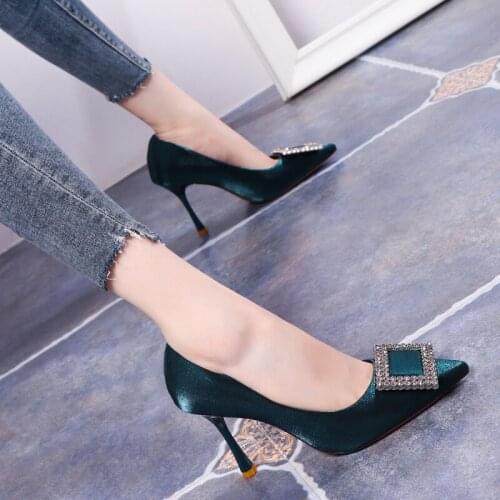Temperament Elegant Womens Shoes Korean Square Buckle Rhinestones High Heels Stiletto Sexy Pointed Shallow Mouth Single Shoes