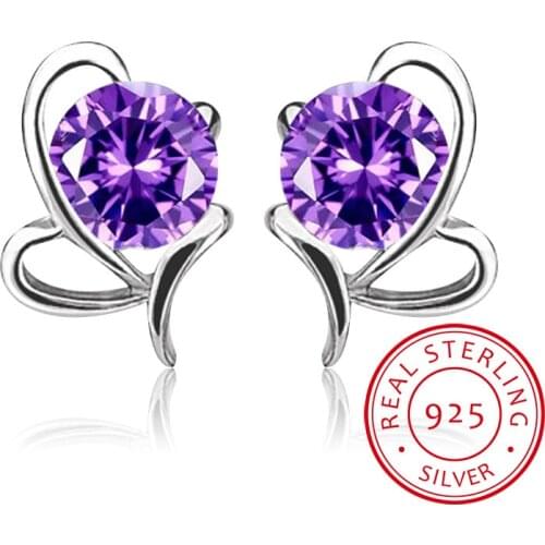 925 Sterling Silver Jewelry Shiny White/Purple Zirconia Beating Heart Smart Crystal Stud Earrings pendientes oorbellen