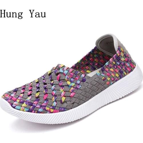 Women Casual Shoes Flats Summer Fashion Outdoor Breathable Shallow Colorful Woman Weave Hollow Slip On Platform Plus Size