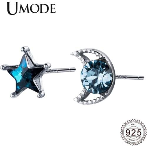 UMODE New Fashion 925 Sterling Silver Blue Moon and Stars Stud Earrings for Women New White Gold Jewelry Pendientes ALE0574