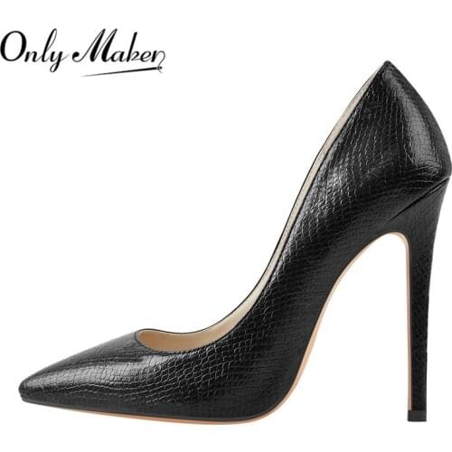 Onlymaker Womens Black Snake Print Slip On Stiletto 12cm High Heel Pumps Classic Ladies Fashion shoes