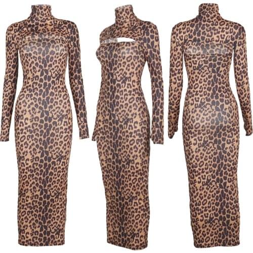 Women’s Long Dress and Smock Set Fashion Leopard Long Sleeve T-shirt and Tube Tops Skinny Dress