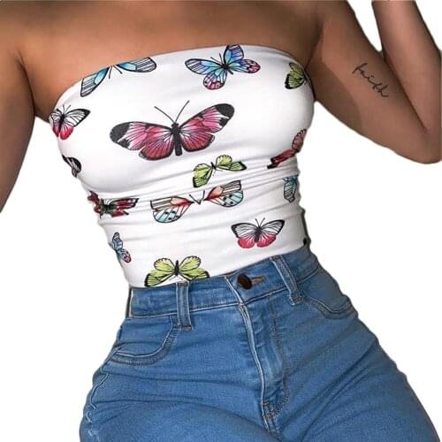 Women Crop Top Summer Sexy Vest Boob Tube Top Butterfly Print Sleeveless Strapless T-shirt