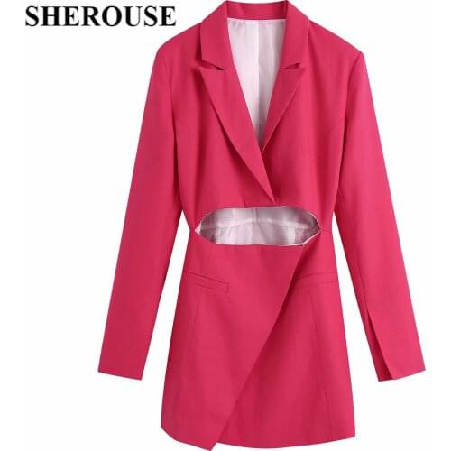 SHEROUSE Women Fashion Front Hollow Out Solid Blazer Style Mini Dress Vintage Notched Neck Long Sleeve Female Dresses Robe