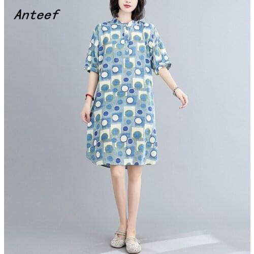 Short sleeve cotton plus size vintage Polka Dot dresses for women casual loose midi summer shirt dress elegant clothes 2021