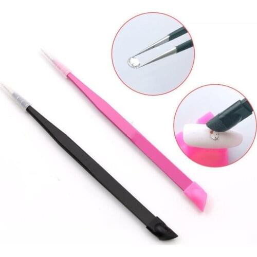 1pc 2 Heads Straight Nail Tweezers with Silicone Pressing Head for 3D Sticker Rhinestones Water Sticker Picker Metal Nails Tools