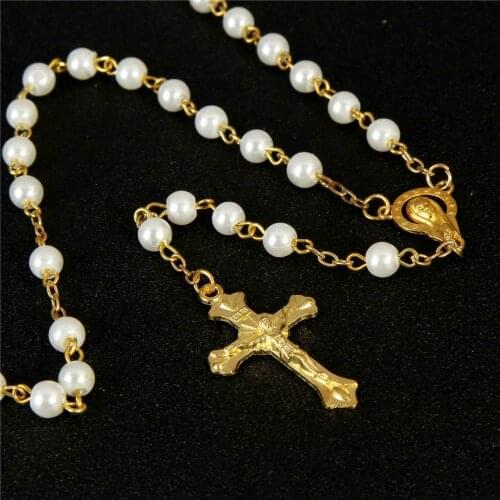 48 Pieces Wholesale White Pearl Round Gold White Pearl Virgin Mary Catholic Rosary Chain and Necklace 6mm