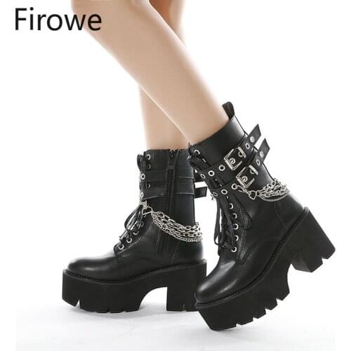 Firowe Women Platform Side Zip Thick Bottom Fashion Rivet Belt Buckle Woman Chain Short Boots Mary Jane Shoes Mujer Bombas 8CM