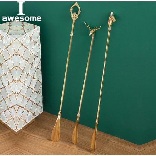 Brass Long Handle Shoehorn European Retro Shoe Lifter Home Entrance Decoration Copper Carved Shoe Horns Classical Home Decor