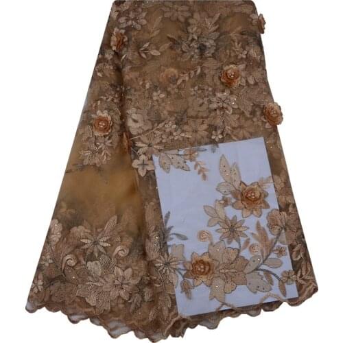 French Lace Fabrics Champagne Gold High Quality African Net Lace With Beads Nigerian Tulle Mesh Wedding Dress F1102