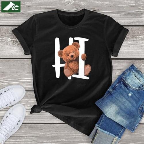 100% Cotton Kawaii Bear Graphic T Shirt Women Clothing 2021 Bear Say Hi Vintage Womens T-Shirt Girls 90s Unisex Tee Blouses 3XL