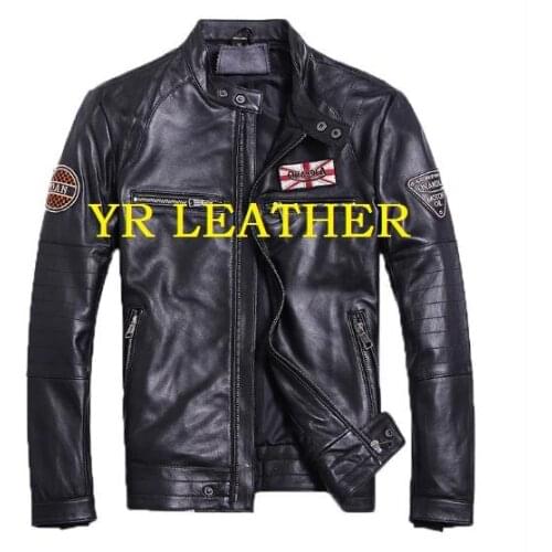 YR!Free shipping.man moto biker genuine leather jacket.100% sheepskin coat.mens plus size slim leather jackets,Popular sales