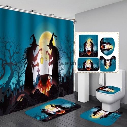 Halloween Horror Style Shower Curtain Set for Bathroom Bathtub Screen with Carpet Rug Washroom Hotel Toliet Partition Hooks
