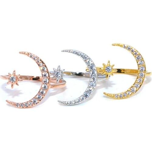 Personality Crescent Moon Ring Lady Fashion Inset Zircon Crystal Star Moon Open Adjustable Charm Wedding Engagement Jewelry