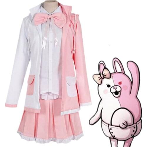 Super Danganronpa 2 Monomi Cosplay Costume Pink White Rabbit Coat Shirt Skirt Uniform Suits Wig For Women Girl Clothes Halloween
