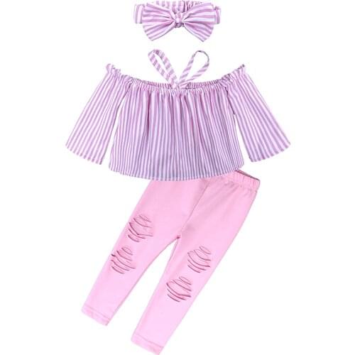 Child Baby Girl 3Pcs Suit , Long Sleeves Off Shoulder Tops +Ripped Trousers + Bow Headband , One Shoulder Design Spring Clothing