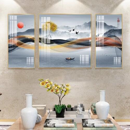 Chinese Style Ink Landscape Mountain and River Crystal Porcelain Painting Wall Art Picture Canvas Print Painting for Home Decors