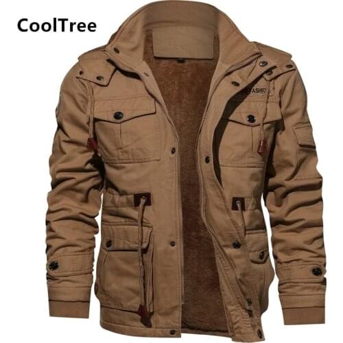 CoolTree Men Military Jackets Autumn Winter Plus Fleece lining Thick Warm Hooded Bomber Coats Male Solid color Loose Outerwear