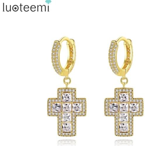 LUOTEEMI Punk Hoop Earrings for Women Vintage Cross Cubic Zirconia Dangle Earring Orecchini Donna Pendientes Colgantes Wholesale