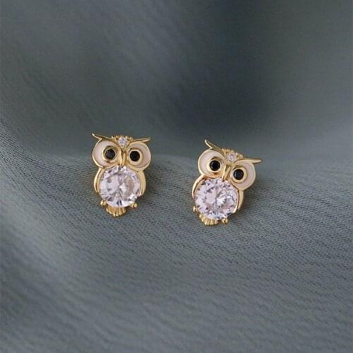 Small Double Stud Earrings Luxury Female White Crystal Owl Earrings Real 925 Sterling Silver Gold Wedding Earrings For Women Men