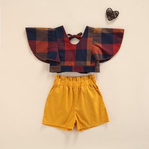 Toddler Baby Fashion Outwear Plaid Print Short Sleeve Top + Shorts Elastic High Waist Casual Children Infant Summer Clothing