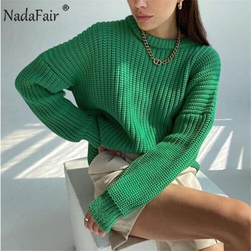 Nadafair O Neck Casual Oversized Sweaters Green Knitted Pullover Tops Women 2021 Autumn Jumpers Plus Size Winter Sweaters Mujer